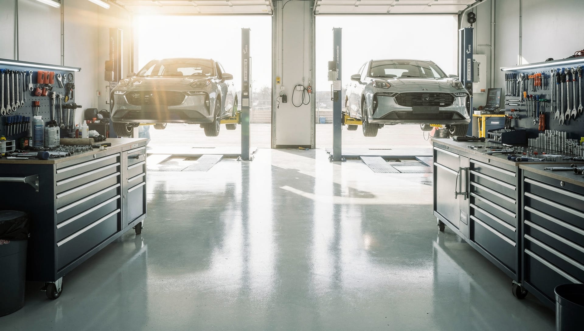 Bright, clean repair bay at Dettmer Automotive with vehicles on lifts