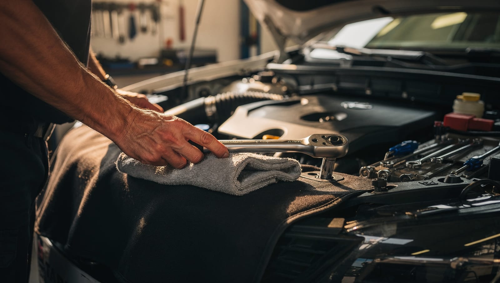 A mechanic's hands resting a torque wrench beside an open hood