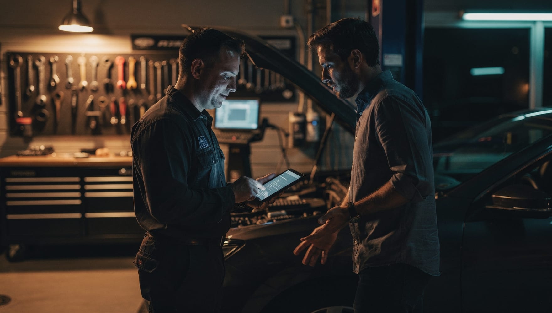 A Dettmer technician showing a customer the diagnosis on a tablet