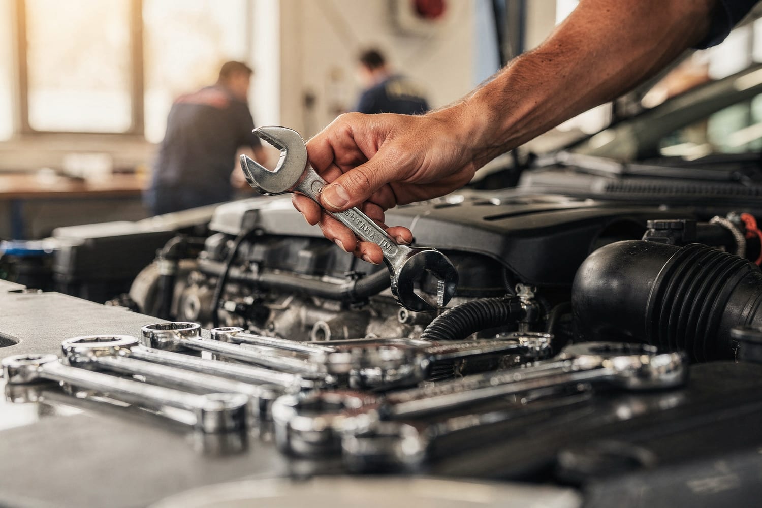 A Dettmer mechanic at work on an engine with an organized set of tools