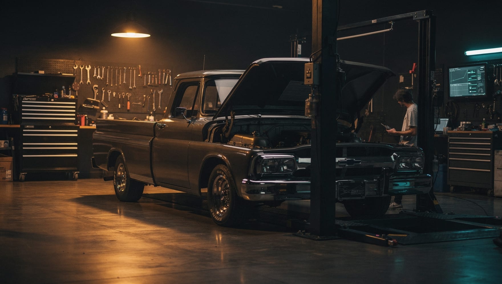 A classic pickup in for service in the Dettmer bay